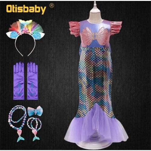 Fancy Girls Ariel Princess Dress Children Carnival Rainbow Shiny Scales Little Mermaid Costume With Train Kids Party Prom Dress