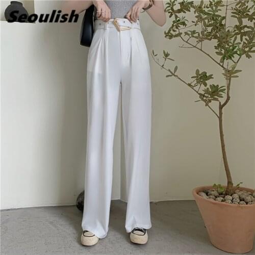 Seoulish 2021 New White Womens Wide Leg Pants with Belted High Waist Elegant Pants Workwear Loose Chic Trousers Female Autumn