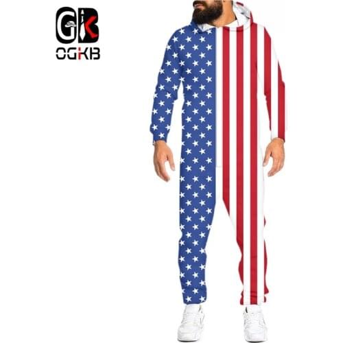 OGKB Women American Flag Print Loungewear Pajamas Unisex Loose Zip Hooded Jumpsuits Open Sleepwear Onesies For Men Dropshipping