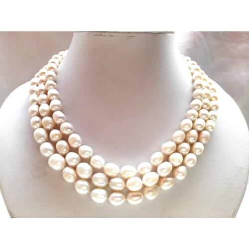 3 strands white color rice freshwater pearl necklace shell clasp 8-9mm