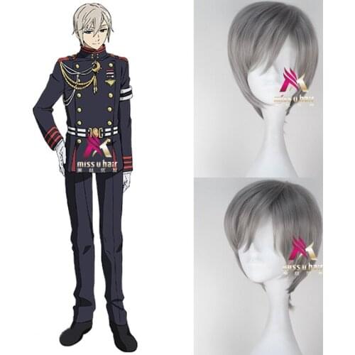 Seraph Of The End Hiiragi Shinya Hiragi Short Silver Grey Heat Resistant Hair Cosplay halloween Costume Wig + Free Wig Cap