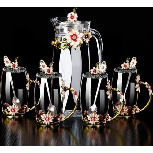 Luxurious Colour Enamel Lead Free Crystal Glass Heat-resistant Water Tea Coffee Milk Cup Kettle Bottle Set Wedding Business Gift