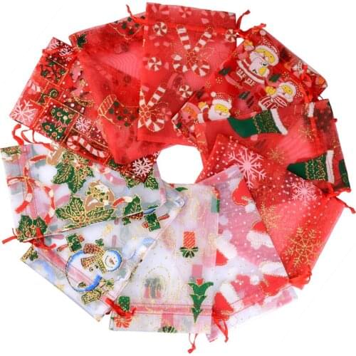 50pcs/lot Christmas Organza Bags 10x15cm Drawable Party Candy Jewelry Chocolate Drawstring Gift Bag & Pouches