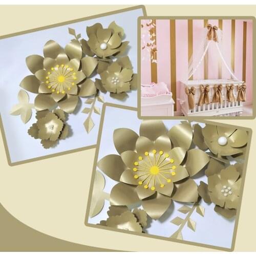 Handmade Gold Rose Flor DIY Paper Flowers Gold Leaves Set For Backdrops Decorations Nursery Wall Deco Girls Room Video Tutorials