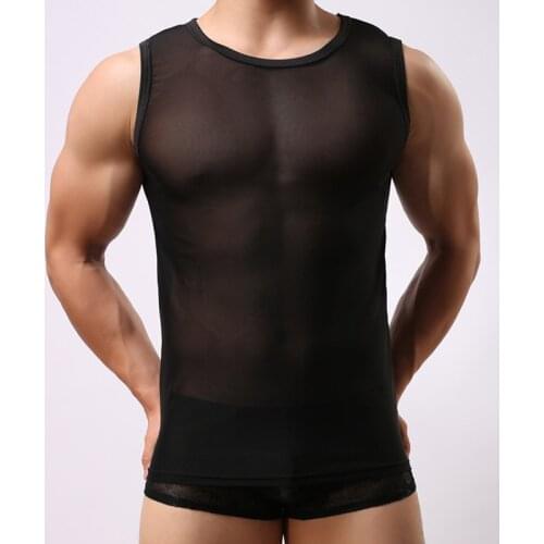 Sexy Men Plus Size Mesh Transparent Tank Top See Through Vest Male Hot Underwear Lingerie Sleep Wear Gay Wear