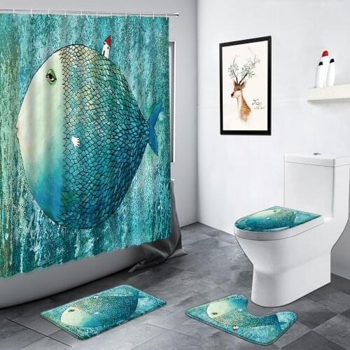Nordic Cartoon Fish Children Shower Curtain Creative Abstract Art Kids Bathroom Decor WC Rugs Non-slip Bath Mat Toilet Mats Sets