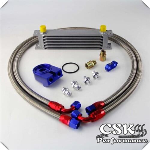 Universal 10 Row 248mm AN10 Engine Transmission Oil Cooler British Type + Aluminum Filter Adapter Kit Blue