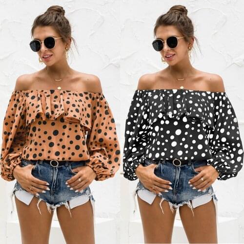 Summer Women T-Shirts Sexy Off The Shoulder Polka Dot Print Ruffles Puff Long Sleeve Backless Fashion Autumn Female Blouse C2789
