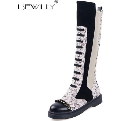 Lsewilly Womens Snake Pattern Knee high Winter Boots Women High Heel Shoes Retro Knight low heel root Boots non-slip Boots