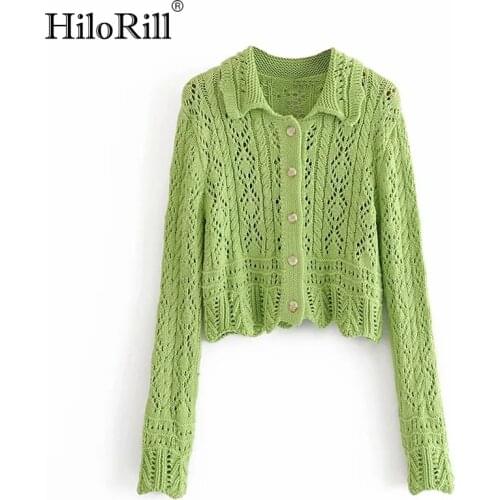 HiloRill Green Cropped Cardigan Women Fashion Hollow Out Knitted Sweater Casual Long Sleeve Turn Down Colloar Cardigans Tops