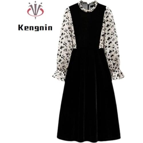 Loose Oversized Womens Dresses 2021 Autumn New Velvet Patchwork Print Floral Ladies Vestidos Female Fake Two Piece Robe KE1729