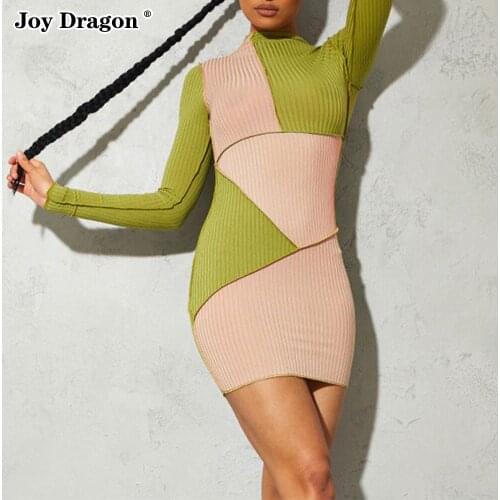 Women Mini Dress Clubewear Sexy Short Patchwork Contrast Color Pullover Bodycon Skinny 2021 Autumn Dresses Pencil Skirt Knitted