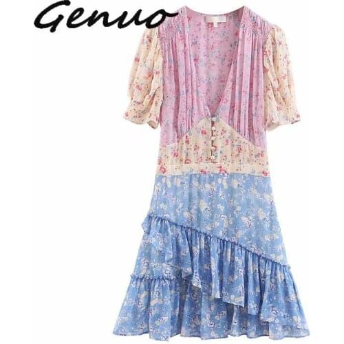Genuo New 2019 Ruffles Puff Sleeve Women Dresses Vintage Sashes Vestido Holiday Floral Color Patchwork Women Dress