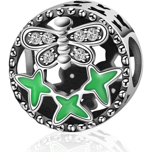 2018 New Round Hollow Silver Charms Bracelet Carving Green Butterfly Zircon Gift Spacer Beads for Jewelry 5041-5042