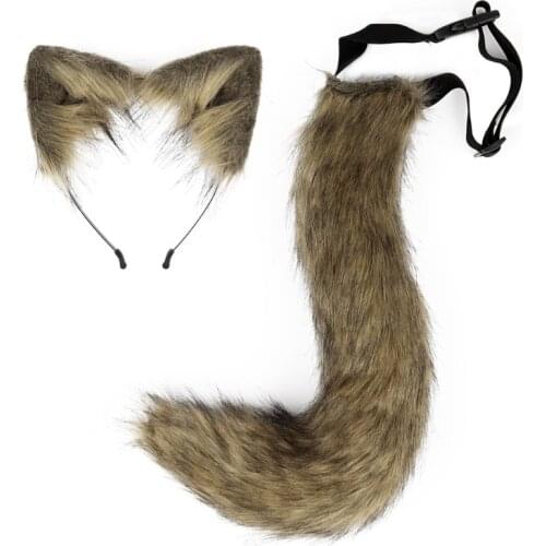 649D Cosplay Furry Animal Faux Ears Hair Hoop Tail Set Lolita Costume Long Fur Headpiece for Halloween Party Decoration