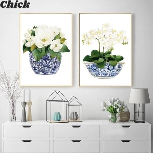 White Orchid & Magnolia Watercolor Chinoiserie Decor Canvas Print Oriental Vase Blue White Willow Style Porcelain Flower Jar