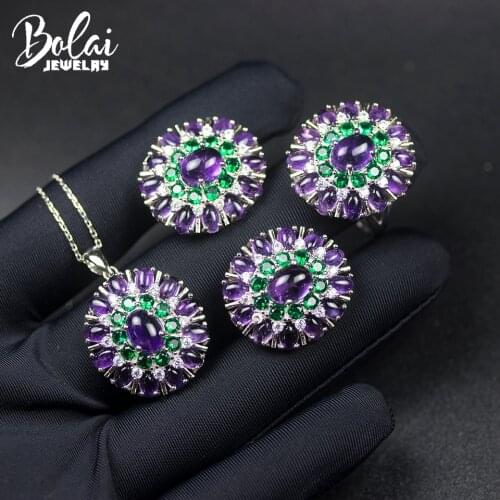 Bolai Big Luxury Natural Amethyst Jewelry Sets Kits 925 Sterling Silver Necklace Earrings Ring 8*6mm Gemstone for Woman Party