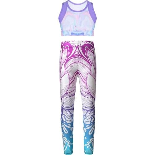 Kids Girls Gymnastics Ballet Dance Costume Tie-Dye Tanks Bra Crop Top With Digital Printed Skinny Pants Leggings Tights Trousers