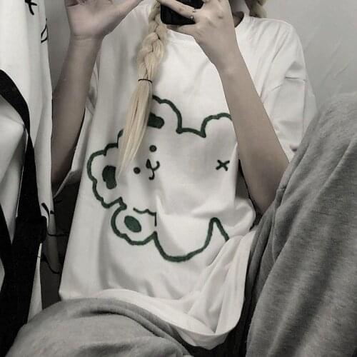 Summer Women Short Sleeve Loose Sweet Cute Cartoon Print T-shirt Japanese Harajuku O-neck Tops Tees Punk Girls Chic Streetwear