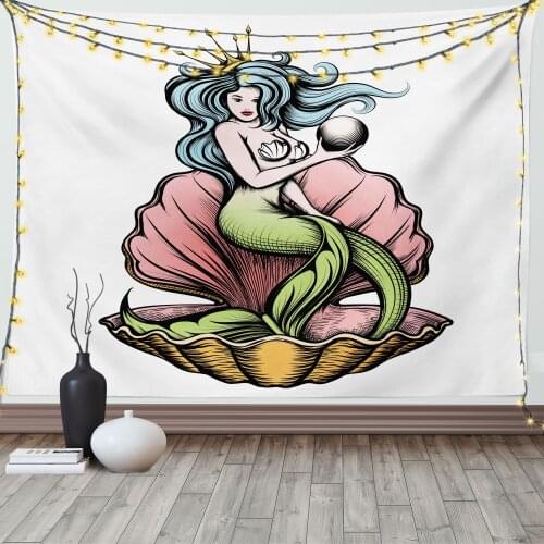 Mermaid and Pearl Tapestry Ocean Princess in Shell Satin Fabric Wall Hanging for Bedroom Living Room Dorm Meeting Background