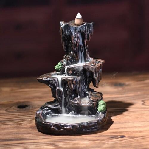 Ceramic Incense Burner Fragrance Holder Mountain River Smoke Waterfall Porcelain Backflow Incense Buddhist Burner with 50 Cones