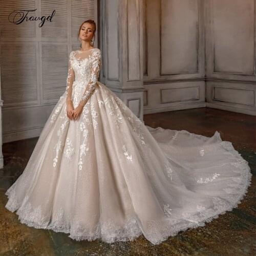 Traugel Sexy Illusion Long Sleeve Lace Ball Gown Wedding Dresses Luxury Appliques Beaded Cathedral Train Vintage Bridal Gowns