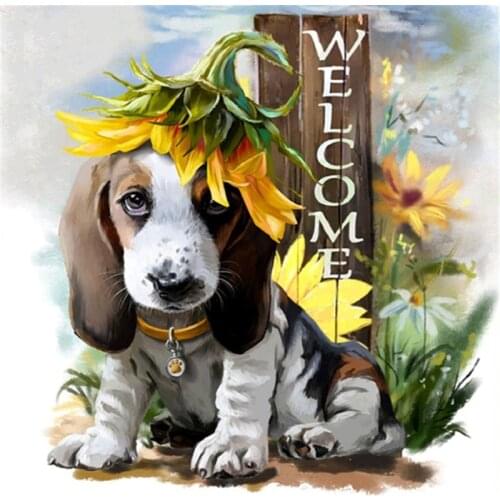 Embroidery Kits Cross Stitch Dog with Sunflower Picture 45x45cm Home Decoration Printed For Needlework sets