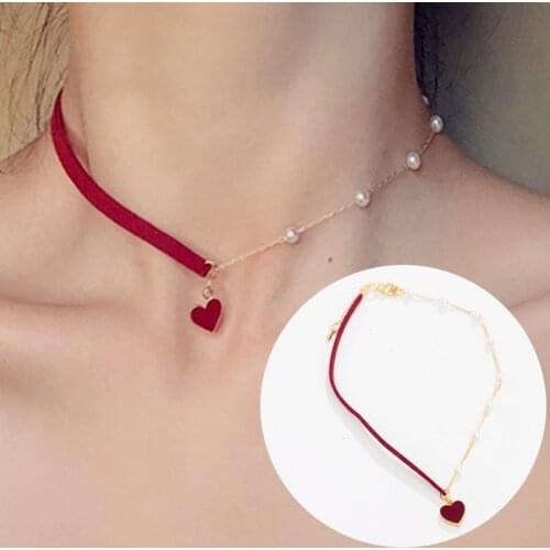 2020 New Arrival Women Chokers Necklaces Trendy Chain Cotton Heart Party Necklace For Female Korean Jewelry Red Heart Necklace