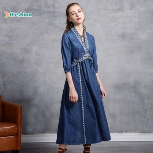Original Womens Embroidery New Denim Dress Skirt Retro Waist Show Thin Mid Sleeve Dress