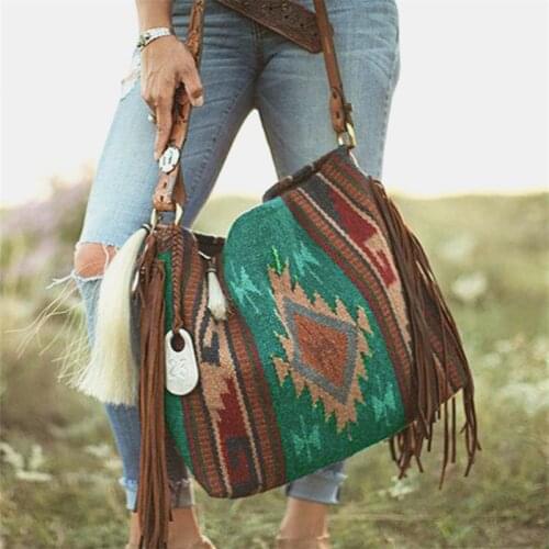 2021 Retro Canvas Shoulder Bags With Tassel New Pattern National Style Zipper Casual And Fashion Bags