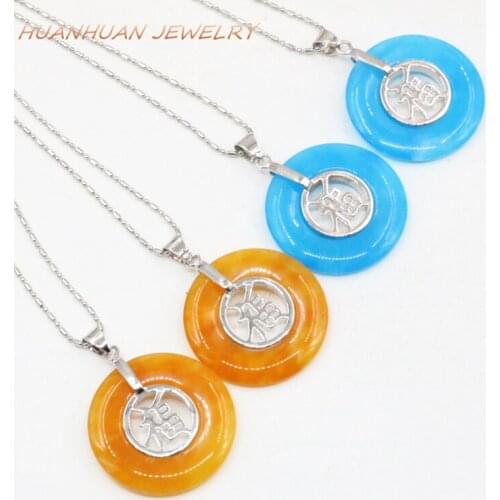 Natural Stone Jades Religious Prayer Necklaces & Pendant For Women 30mm Stainless Steel Chain Lucky Circle Round Pendants B3325