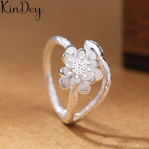Romantic Sweet Silver Color Lotus Flower Rings for Women Lady Adjustable Size Rings bague femme