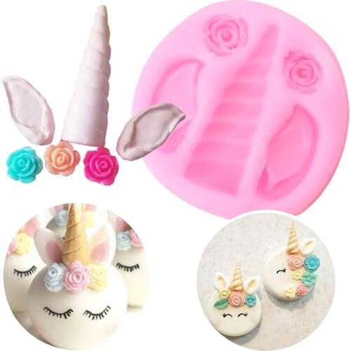 Cartoons Unicorn Ears Silicone Mold DIY Cupcake Topper Fondant Cake Decorating Tools Flower Candy Polymer Clay Resin Moulds
