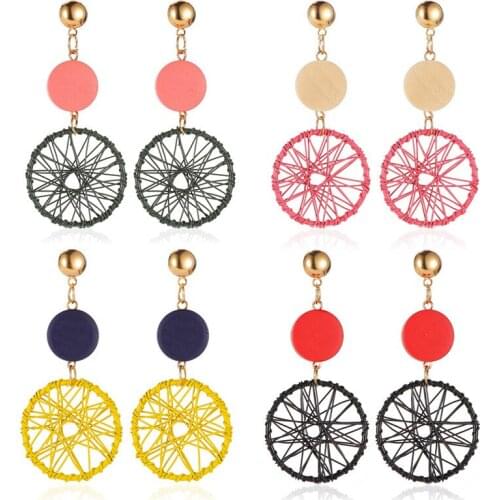 Vintage Temperament Long Geometric Hollow Wood Pendant Earrings For Women Fashion Creative Metal Stud Jewelry Wholesale