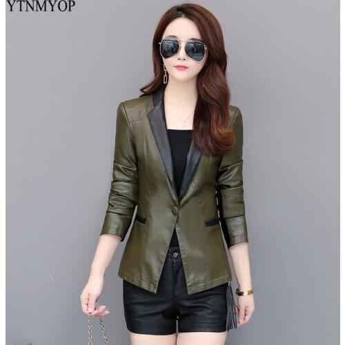 YTNMYOP Leather Coat Women Slim One Button Blazer Female Spring Autumn Suit Jacket Outerwear Army Green Leather Tops 4XL
