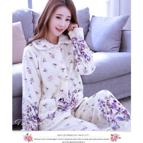Ladies Winter Pajamas Long Sleeves Female Thickened Flannel Sleepwear Loose Coral Coral Homewear Womens Warm Nightwear D-2109