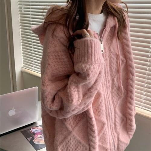 Women Autumn Winter Vintage Pink Twist Sweater Coat Hooded Knitted Cardigan Jacket Zipper Thicken Oversized Outerwear