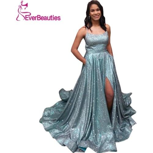 Robe De Soiree Evening Dress Long With Pockets Sequins Side Split 2020 Spaghetti Straps Dress Women Vestidos Elegantes