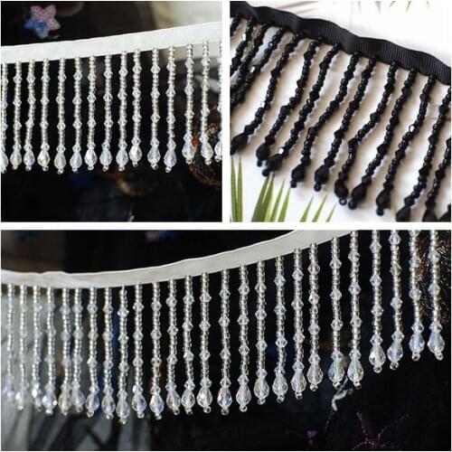 2Yard/Lot Crystal pendant beaded lace tassel DIY wedding clothes stage home curtain fringe lace trim headwear decorative