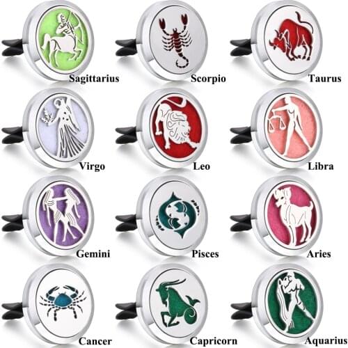 Aromatherapy Necklace Diffuser Pendant Car Perfume Diffuser 12 Constellations Aroma Diffuser Locket Car Air Freshener Vent Clip