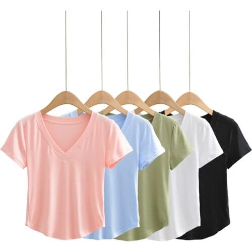 BRADELY MICHELLE 2021 Summer NEW Arrival Women Solid Color V-Neck Thin And Light Causal Little Sexy Short Sleeve Top