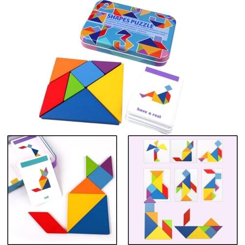 Wood Tangram Puzzle Pattern Block Stacking Challenge IQ Toy Gift