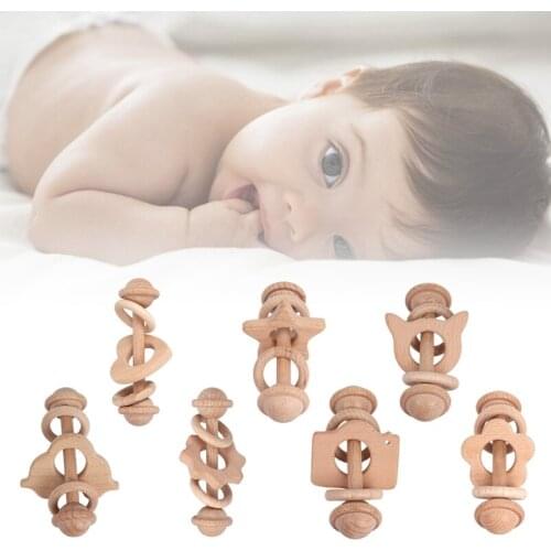 Baby Wooden Beech Rattle Toddler Teething Nursing Toy Shower Gifts Soother Molar Teether