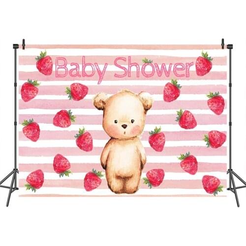 Baby Shower Photography Backdrops Bear Strawberry Pink Stripe Background Birthday Party Banner Decorcustom photo booth backdrop