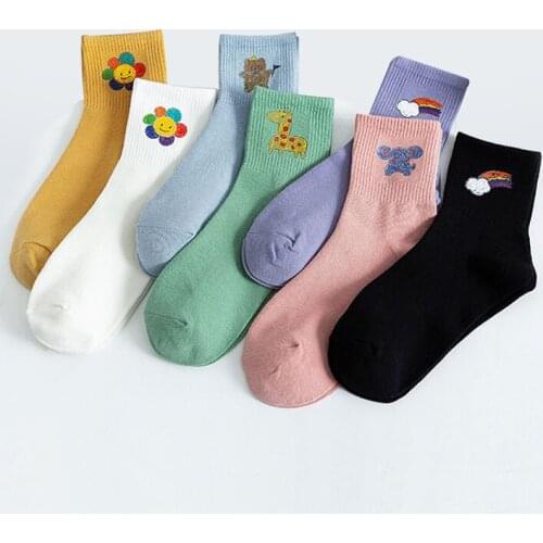 Crayon Drawing Rainbow Candy Color Cartoon Animal Warm Funny Breathable Ladies Streetwear Socks Short Cotton Pattern Women Socks