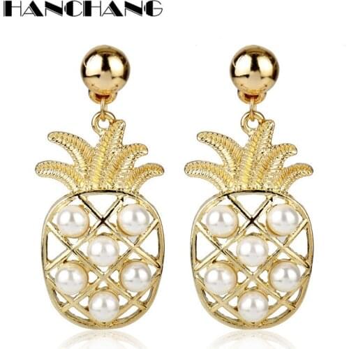 HANCHANG Summer Creative Fruit Drop Earrings Imitation Pearls Pineapple Earring Dainty Post Earrings for Woman jewelry