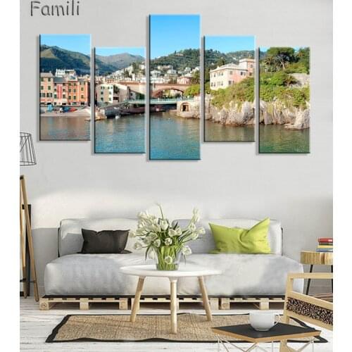 Picture Canvas Painting Wall Art Traditional Port Mediterranean 5 Pieces Sea Cinque Terre Italy Coast Landscape Print On Canvas