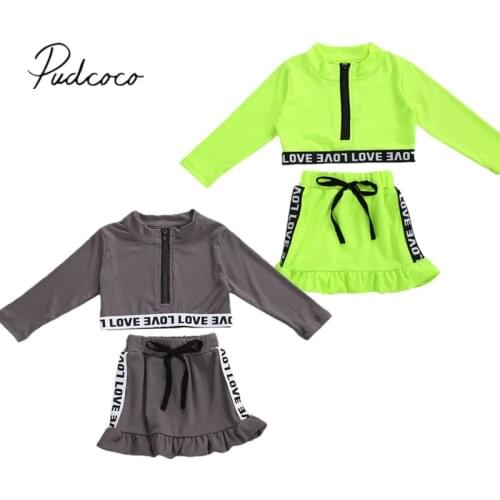 2 Pcs Baby Summer Sportwear Suit LOVE Letters Printing Long-Sleeves Crop Top + Elastic-Waist Tennis Sports Skirt Kids Girl 6M-5Y