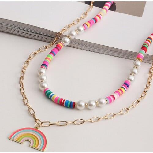 Multi-layered Pearl Chain Necklace Multi Colored Soft Band Rainbow Necklace Fashion Rainbow Pendant Necklaces for Women