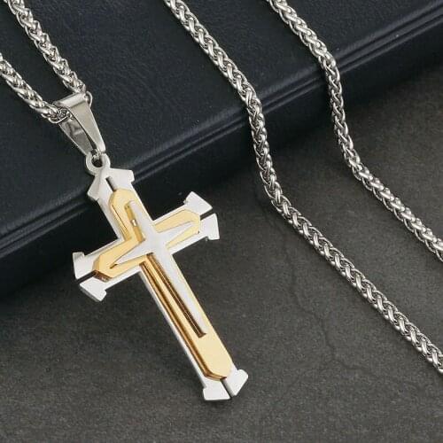Layered Catholic Cross Jesus Pendants Link Chains Necklaces Stainless Steel Christ Colar for Men Women Jewelry collier